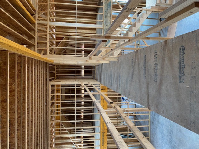 Second-floor catwalk framing overlooking the great room