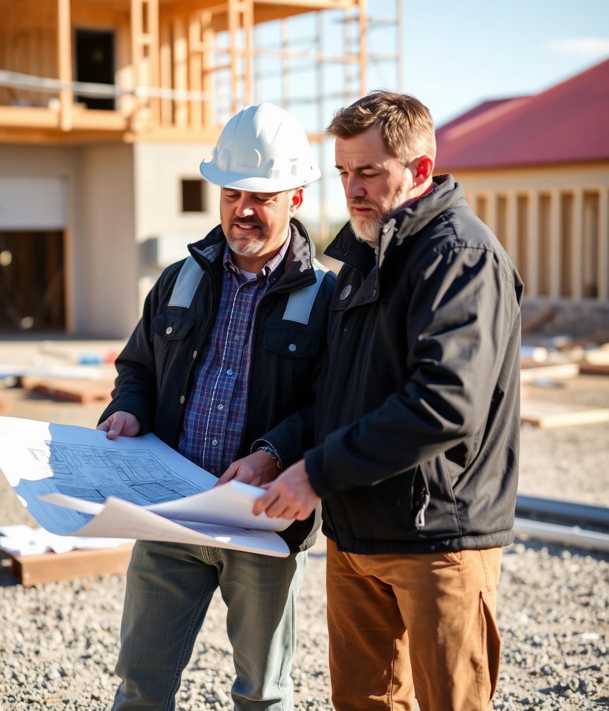 PEC Builders project managers reviewing plans on a job site